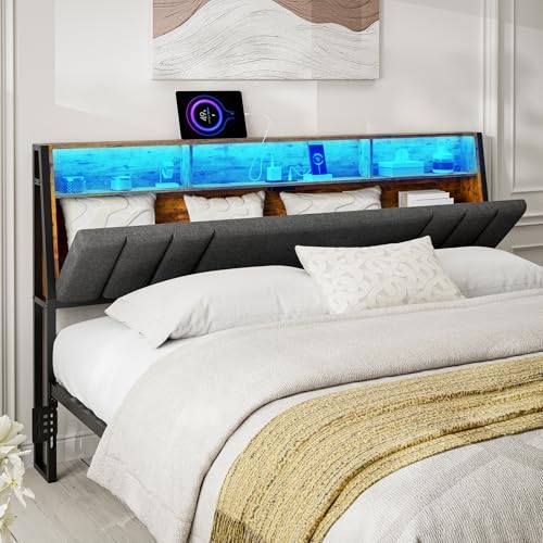 IKIFLY Hidden Storage Headboard California King Size with Charging Station Ergonomic Upholstered Cal King Headboard Only with LED Lights 2 Outlets & 2 USB Ports Easy Assembly Dark Grey