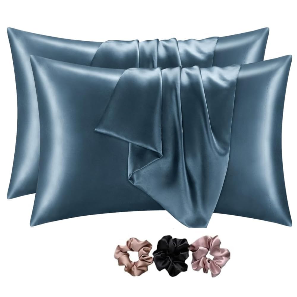 GO WELL Solid Satin Silk Pillow Covers Pack of 2 for Hair and Skin-with Satin Scrunchies |Satin Pillow coves for Hair and Skin|scrunchies for Women 3-Piece|Silk Pillow case (Bluesteel) 800Tc
