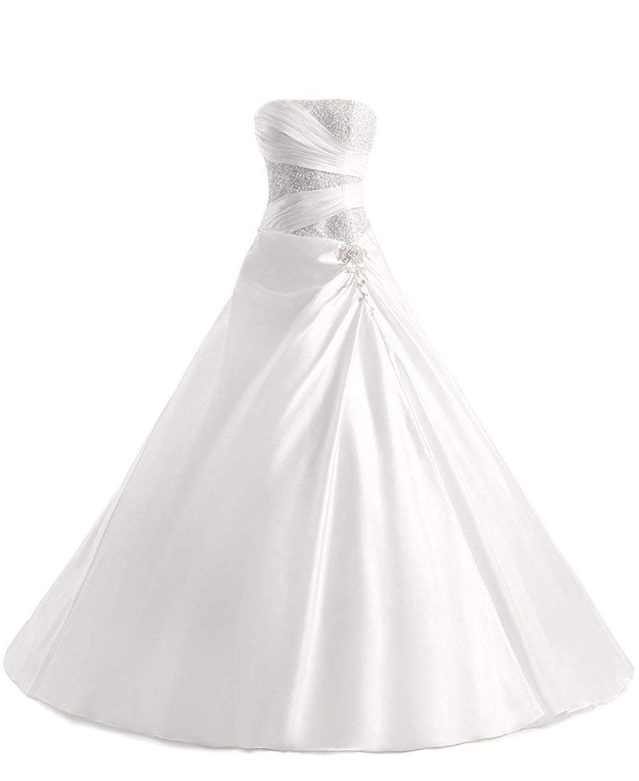 Romantic-Fashion Brautkleid Hochzeitskleid A-Linie Lang Satin Trägerlos Perlen Pailletten, LNNLSS, Weiß, 36