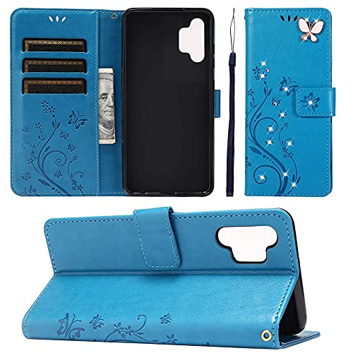 COTDINFOR Compatible with Samsung Galaxy A32 5G Case Glitter with Card Holder Flip Wallet Phone Case for Women Crystal Butterfly Shockproof Protective Case for Samsung Galaxy A32 5G,Blue GY