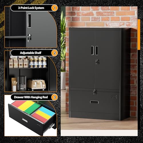 Image of INTERGREAT Metal Storage Cabinet with Drawer,52 inch H*32 inch W*16 inch D File Cabinets,Steel Locking Storage Cabinet with Doors and Shelves for Home,Office,Garage,School,Fit A4 /Letter /Legal File (Black)