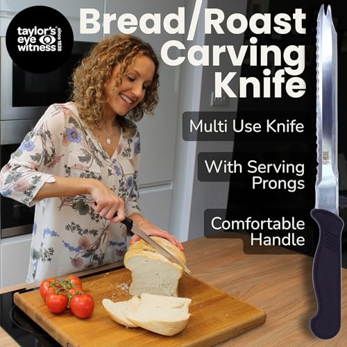 Taylors Eye Witness Sheffield Made Bread & Roast Carving Knife - 19cm Double Edged Blade with Serving Prongs. Multi Use Kitchen Knife with Fine Precision Ground Razor Blade Steel & Fibre Feel Handle - Image 3