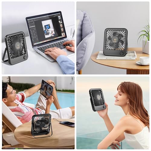 Dealswin Tischventilator Sehr Leise Stufenlos 1-100 Regler mit LED-Anzeige USB Ventilator Kleiner Tragbarer 3600mAh Akku Mini Ventilator für Schlafen, Büro, Heim, Im Freien, Küche, Reisen（Schwarz）
