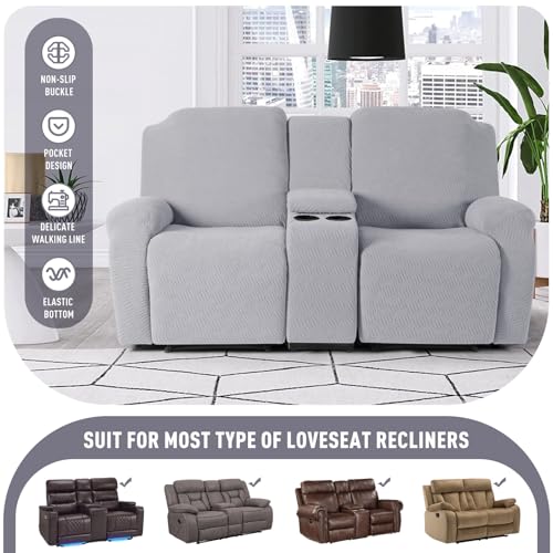 Image of KinCam Loveseat Recliner Covers with Middle Console Slipcover, Recliner Sofa Covers 2 Seat Couch Cover Stripe Jacquard Furniture Protector Covers with Elastic Bottom for Kids, Pets (Silver Gray)