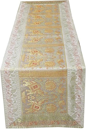 Image of E-Ezra Silk Banarsi Brocade Traditional Table Runner for Dining Table 4 & 6 Seater Table Cloth Rectangle Coffee Table Cloth / 152 cm (Grey)