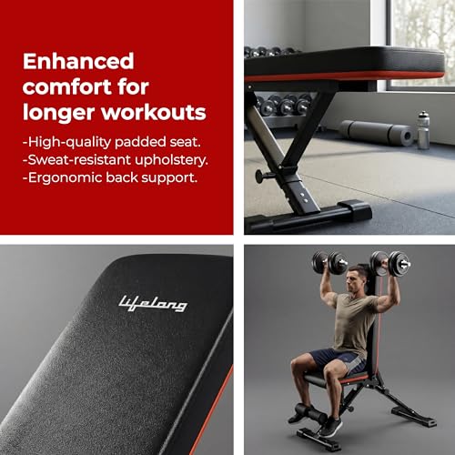 Image of Lifelong Strong Adjustable Foldable Gym Bench 3-in-1 Incline, Decline & Flat Weight Bench | Gym Equipment for Home Workout | Gym Bench for Dumbbell & Bench Press | 250 kg Capacity with Resistance Rope