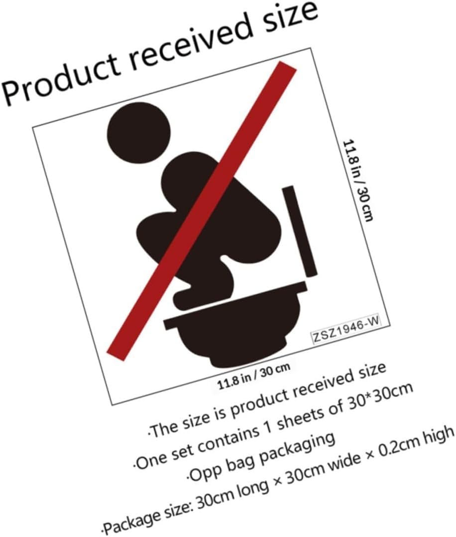 GARVALON Removable Adhesive Toilet Seat Lid Sign Sticker 2pcs 30x30cm Bathroom Wall Decal Restroom Warning Prohibit Squatting Toilet Sticker for Home and Public Bathrooms
