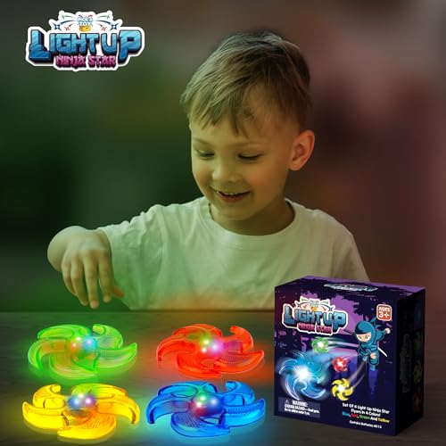 PICK A TOY Light Up Ninja Flyers Set, 4 LED Electronic Stars, Heavy Duty Rubber Throwing Discs, Interactive Kids Toys for Tossing Games and Play, 4 Colors (Red, Blue, Yellow, Green)