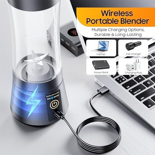 Image of Portable USB Juicer Blender, 6-Blade Rechargeable Mini Mixer Grinder Bottle for Smoothies, Protein Shakes & Juices, Personal Size Travel Blender with Built-In Jar (Multicolor)