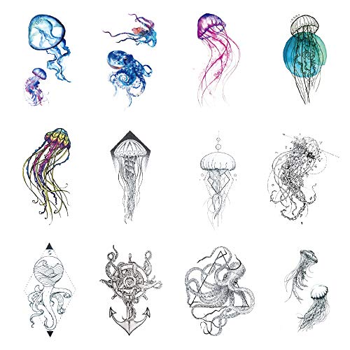 SanerLian Jellyfish Octopus Temporary Tattoo Sticker Squid Fake Tatoo Cartoon Boys Girls Kids Party Favor Hand Arm Waterproof 10.5X6cm Set of 12 (color2)