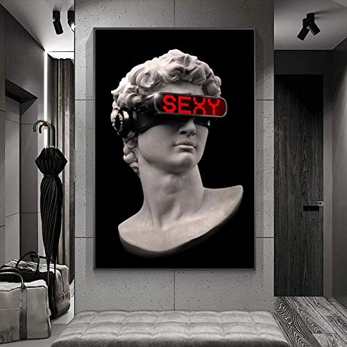 Poster auf Leinwand, Kunstposter und Wand-Kunstdruck, Kunstdruck Moderne Bilder, Lustige Kunst David Skulptur mit VR Brille Abstract David