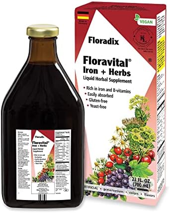 Floradix, Floravital Iron & Herbs Vegan Liquid Supplement, Energy Support for Women and Men, Easily Absorbed, Non-GMO, Vegan, Kosher, Lactose-Free, Unflavored, 23