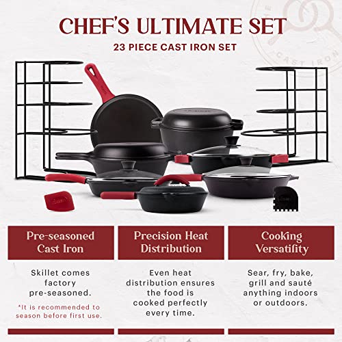 Cuisinel Cast Iron 23-Pc Cookware Set - 8" Skillet + Cast Iron Lid + 12"+Lid + 10" Braiser with Lid + Grill Pan + Lid + Griddle + 5-Qt Dutch Oven + Multi-Cooker + 12"+15" Pan Rack + Scraper + Handles by CUISINEL - Image 4