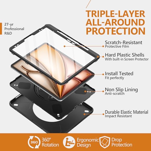 Image of Miesherk Case for iPad Air 13 Inch M4 /M3 /M2(2026 /2025 /2024)Shockproof,Black | iPad Air 13 Inch Case with Built-in Screen Protector, 360 Rotating Stand, Pencil Holder, Adjustable Shoulder Strap