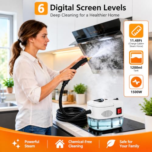 SZFYHMA Steam Cleaner, 6-Level Adjustable Portable Steamer Handheld, Fast Heat-Up, 1.2LTank, Steamer Cleaning with 8 pcs Accessories for Home Dirt, Grease, Grout, Tile,Floor, Car, Carpet - image 2