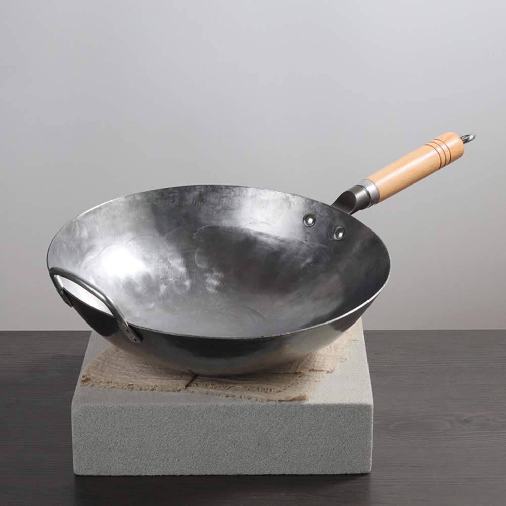 Fondo Tondo Wok Acciaio Al Carbonio Wok, Martellato A Mano Acciaio Al Carbonio Pow Wok Con Impiccagioni in Legno E Manico in Acciaio, 3 Dimensioni A Scelta,34cm/13.4in