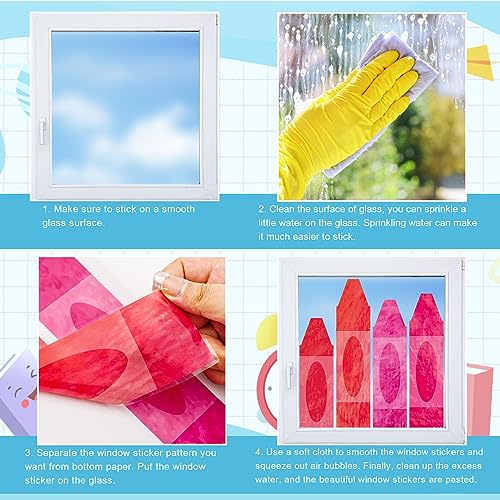 Image of Whaline 9 Sheets Back to School Window Clings, Colorful Crayons | Window Decals, Watercolor Double-Sided Windows Stickers, for Classroom Home Glass Blackboard Decor