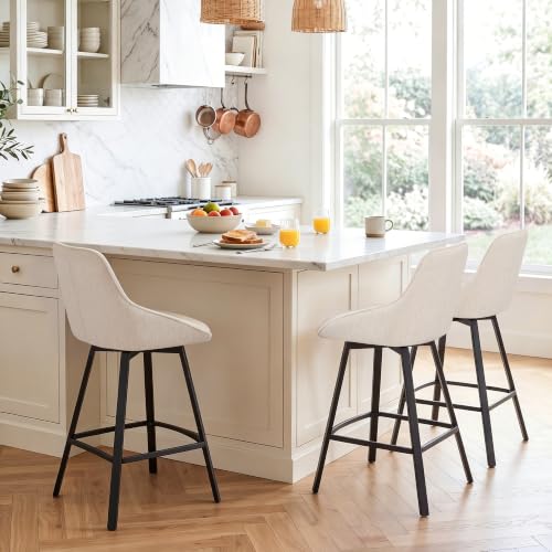 Image of Zesthouse Swivel Bar Stools Set of 2, 26'' Modern Counter Height Bar Stools with Low Backs & Metal Legs, Upholstered Metal Counter Height Chairs, Beige Linen Fabric Island Chairs for Kitchen Counter