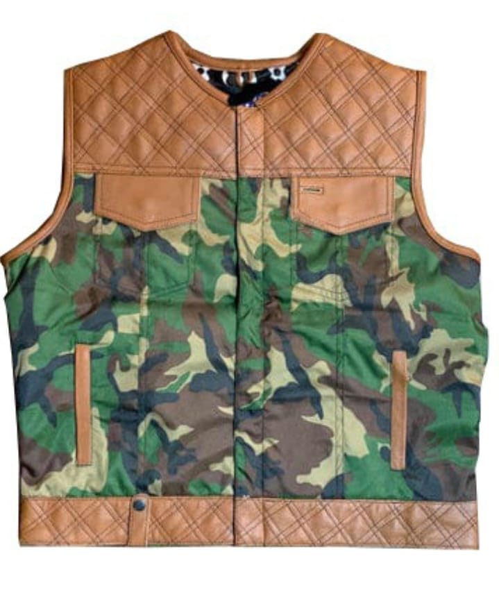 .Men's Biker Rider Motorcycle club Genuine leather & textile camouflage vest