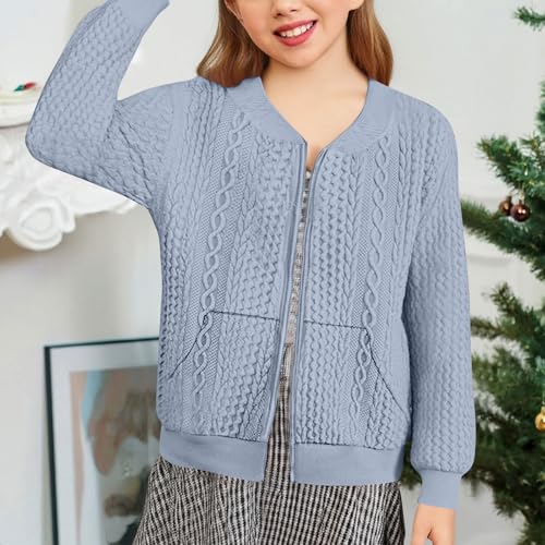 Bomber Jacket for Kids Girl Waffle Knit Casual Zip Up Baseball Jacket Lightweight Outerwear Coat with Pockets3