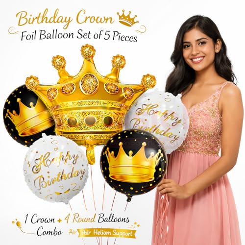 Image of Propsicle Golden Crown Foil Balloon Set of 5 for Birthday Decoration, Includes 1 Crown with 2 Black and 2 White Round Foil Balloons, Prince Princess Theme for Kids and Adults Celebration Backdrop