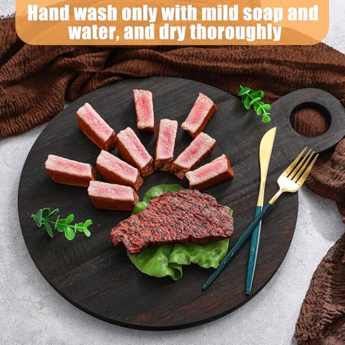 Image of 1 Pcs Acacia Wood Cutting Board with Handle 16.9'' Round Charcuterie Chopping Board for Pizza Cheese Meat Decorative Black Wooden Serving Tray for Kitchen and Dining Room