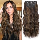KooKaStyle Clip in Long Wavy Synthetic Hair Extension 20 Inch 4PCS Balayage Dark Brown to Chestnut Hairpieces Fiber Thick Double Weft Hair Extension for Women