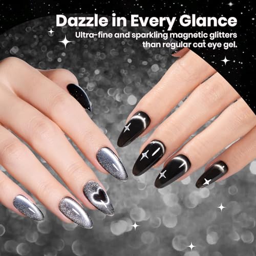 Image of Beetles Gel Nail Polish Set - Twilight Gleam 6 Colors Cat Eye Glitter White Black Silver Shimmer Sparkle Gel Polish Kit with Magnet Soak Off Nail Art Uv Led Home Salon Spring Summer Gift for Women