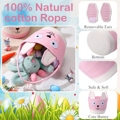 Image of Zopeal 2 Pcs Pink Easter Baskets Woven Rope Bunny Gifts Basket with Ears Large Empty Egg Storage Basket for Easter Party, 9.8 x 7.8 x 7.8 Inch