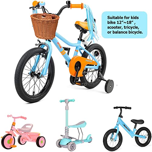 Fahrradkorb Kinder, Fahrradkorb Geflochten für Mädchen und Kinder vorne, Fahrradkörbchen Kinder aus Kunststoff, mit Lederriemen, dekorativ, abnehmbar (Braun)