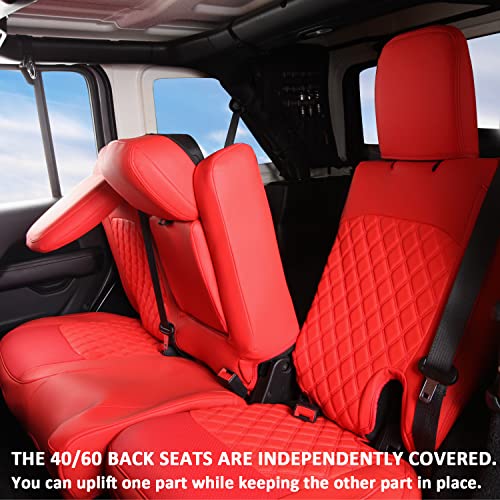 Image of GIANT PANDA Jeep Wrangler 4 Door JL 2018-2026 Full Set Car Seat Covers for Sahara Altitude Rubicon 392 Unlimited with Rear Cup Holder, Customized Faux Leather - (Red)