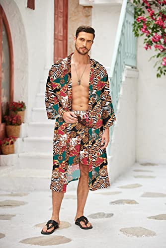 COOFANDY Men Lightweight 2 Piece Kimono Robe with Shorts Japanese Robes Casual Open Front Long Cardigan With Belt2