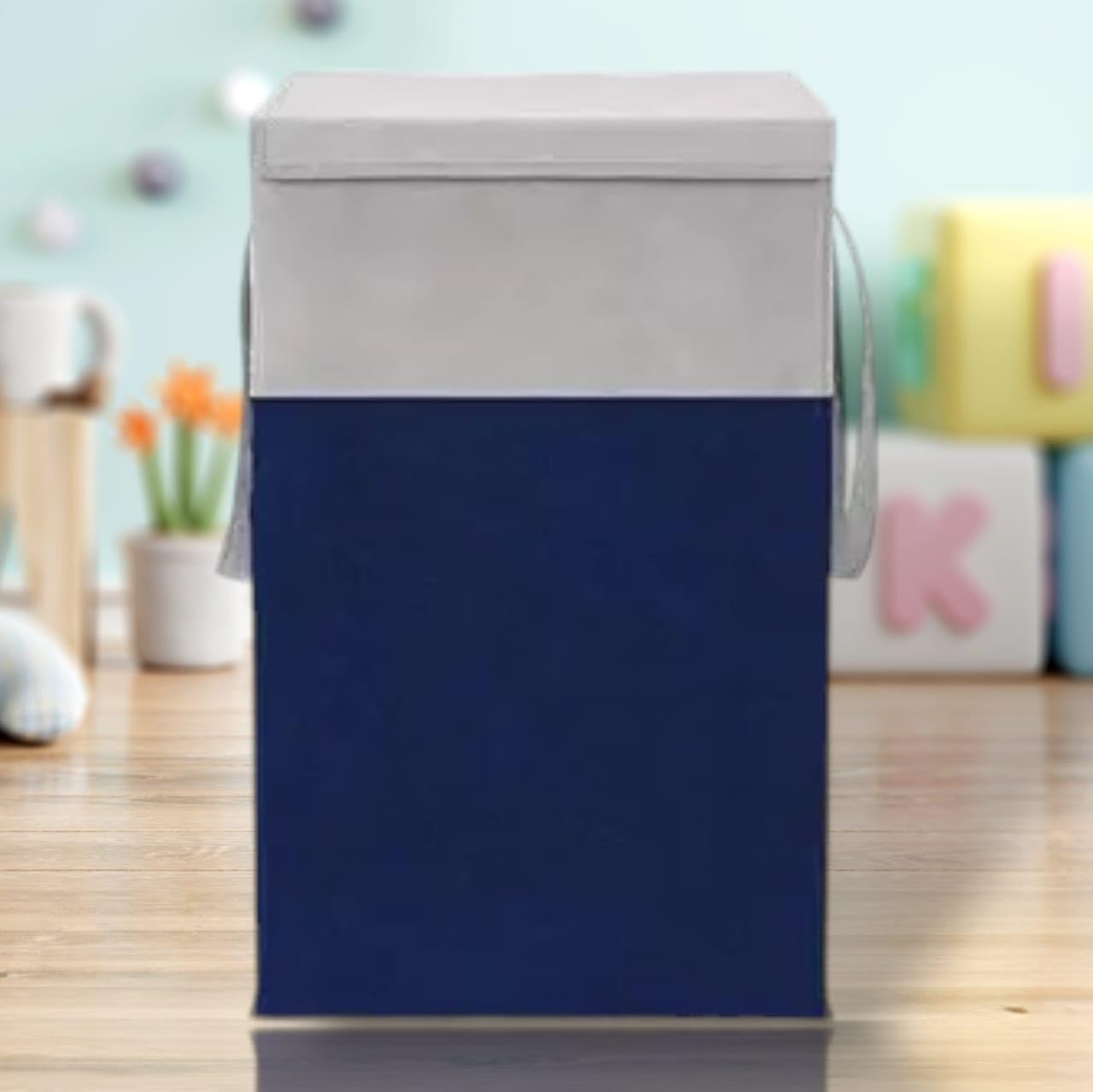 HomeSpire (75 LTR) Clothes Basket Toy Storage Box | Foldable Laundry Bag | Lid & Handles | Clothes Dress Bin | Washing Cloth Basket | Dhakkan Box|Blue-image-13