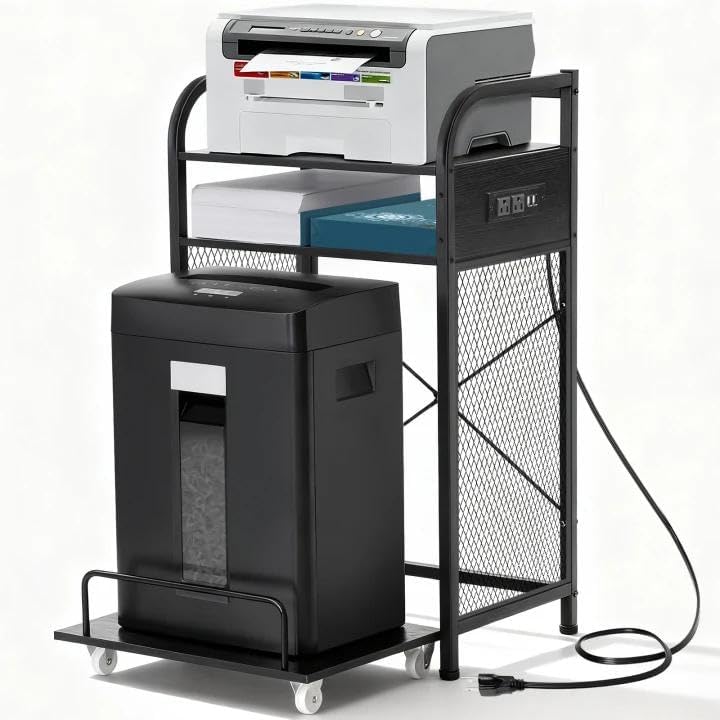 3-Tier Printer and Shredder Stand with Pull Out Shelf, 20" L x 14" W x 34" H Floor-Standing Printer Shredder Stand with Power Outlet, Printer Stand with Shredder Storage, Office Storage Rack