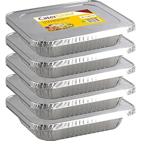 Catergold Medium Rectangle Disposable Aluminium Foil Trays with Lids 32 x 26 x 8cm Approx (5 Pack), Silver Cover