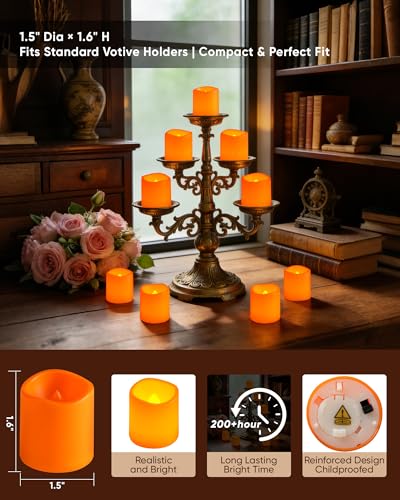 Image of Homemory 12 Pack Orange Flameless Flickering LED Votive Tealights Candles | Battery operated, warm white glow, orange shell, 1.5 inchD x 1.6 inchH, for halloween, thanksgiving & fall harvest decor