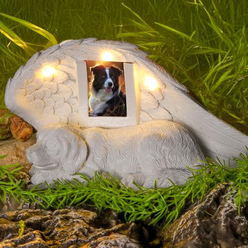 NorthSpoor Gedenkstein für Hunde,Gedenk Geschenke für Hunde mit LED-Solarlicht,Hund Statue, Urne für Asche,Gedenkstein für Haustiere,Grabstein aus Kunstharz, schlafende Hundeengelfigur aus Kunstharz