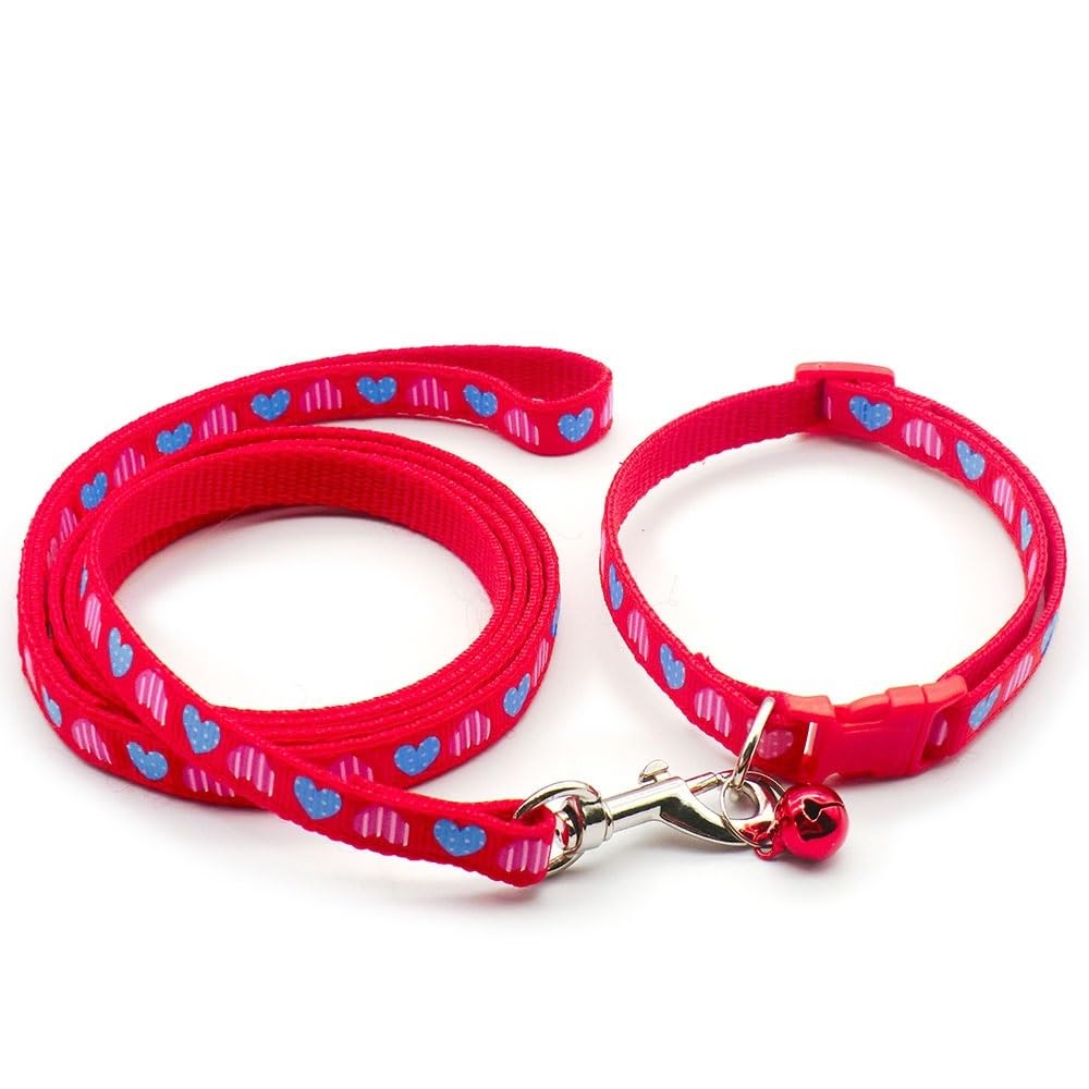 Small Dog Puppy Pet Collar and Lead Set Love Heart Design Nylon Adjustable Size 19-32cm Collar with Bell and 120cm Leash Red - Image 3