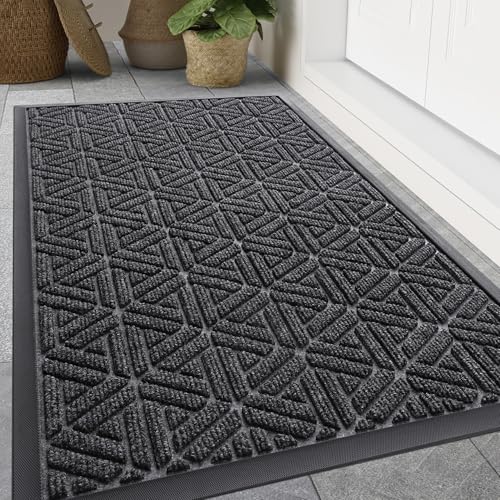 Smiry Front Door Mat Outside Entrance, Heavy Duty Natural Rubber Doormat, Trap Dirt and Moisture Easy Clean Low Profile Patio Porch Welcome Floor Mats for Entry, 59x35 Inch, Grey