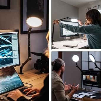 LUME CUBE Edge 2.0 LED Desk Lamp | Dimmable Home Office Desk Light with USB Charging Port & Strong Swing Arm | Adjustable Color Temperature and Brightness | Circle Webcam Light - Black