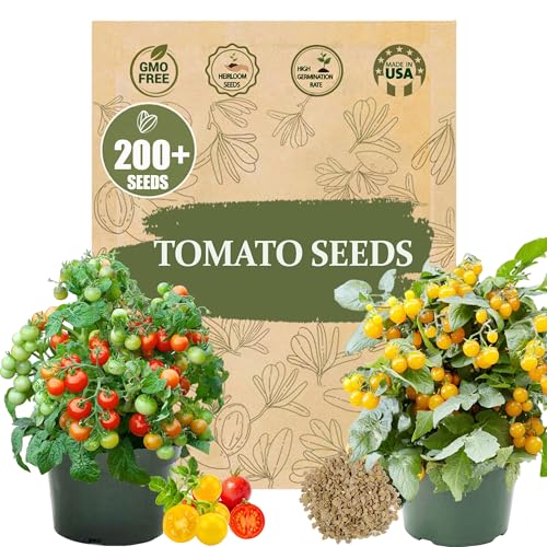 Dwarf Duo Tiny Tim Tomato Seeds - 100+ Red & 100+ Yellow Dwarf Tomato Variety, Cherry Tomato Seeds for Containers, Balcony, Patio, Pots, Indoor Outdoor Gardening, Heirloom, Non-GMO, Easy to Grow