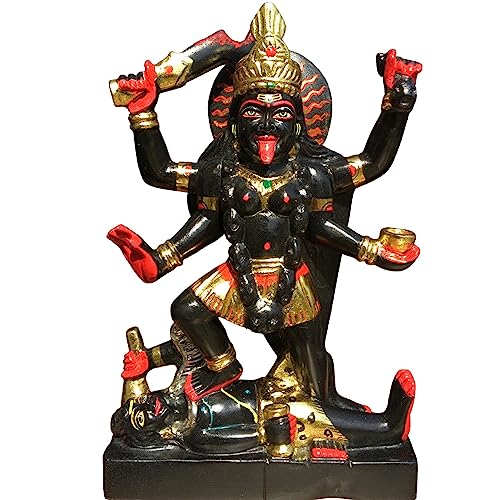 KARIGAROFFICIAL Kali Statue Murti Standing on Lord Shiva, Large 12 inches Black Marble Stone Idol, Hindu Goddess of Death & Karma Multicolor Gold Leaf Work Figurine, Spiritual Home Temple Altar Gifts