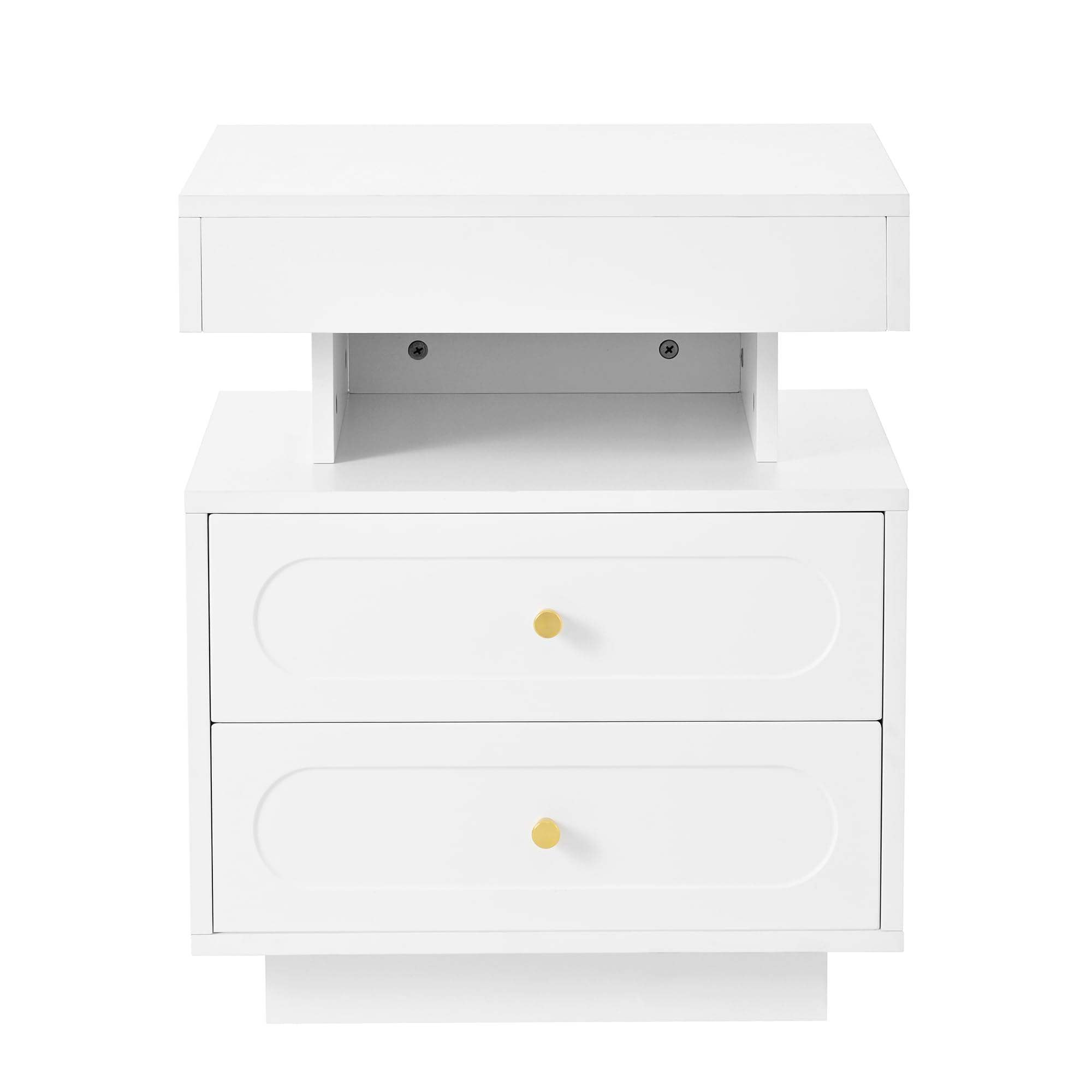 YuQozii Mesita de noche con iluminación LED, cómoda de noche con 2 cajones, 1 espacio de almacenamiento abierto, blanco, ancho 50/T40/alto 60 cm