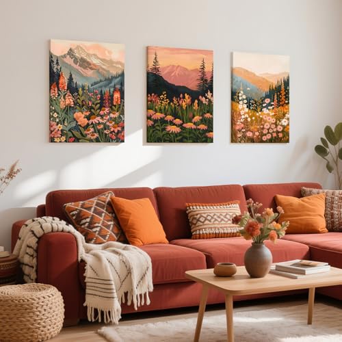 IAFWZX Wrapped Canvas Boho Mountain Wildflower Wall Art Set of 3, 12x16 in by IAFWZX - Used condition - Image 4