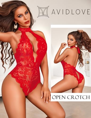 Image of Avidlove Lingerie for Women Halter Lace Bodysuit V Neck Teddy One Piece Babydoll Nightgown