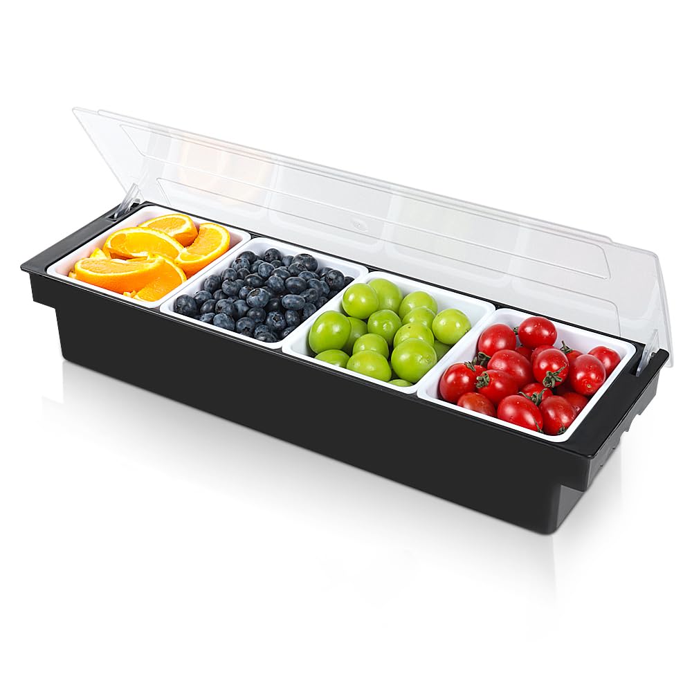 JUSINGMI Bar Fruit Condiment Caddy With Lid,Bar Garnish Tray Caddy For Bartenders,Plastic Toppings Container For Fruits,Ice Cream,Salad (4 Compartment)