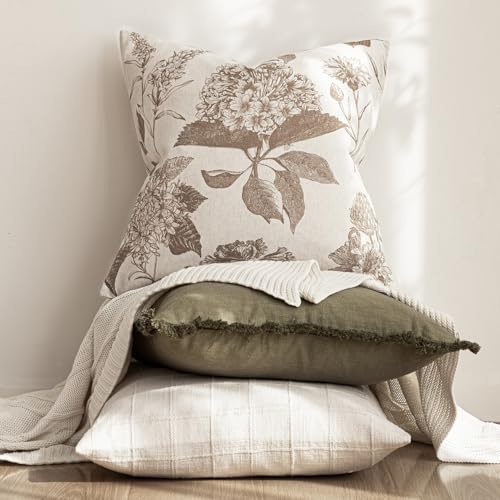 Image of Foindtower Set of 2 Linen Floral Throw Pillow Covers Neutral Vintage Print Decorative Cushion Covers Farmhouse Boho Home Decor for Sofa Chair Couch Bedroom Living Room,24x24 Inch,Light Brown