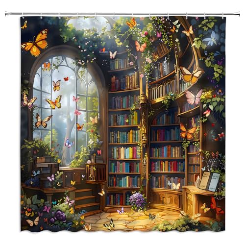 Fantasy Library Butterfly Shower Curtain Enchanted Greenhouse Floral Green Leaves Retro Bookshelf Fairytale Wonderland Jungle Natural Scenery Landscape Bathroom Decor Curtain with Hooks,70Wx90L