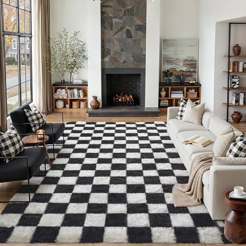 PureCozy Checkered Rug 9x12 for Living Room, Black and White