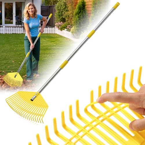 Garden Leaf Rake for Leaves - 42cm Wide Nylon Plastic Head 128.5cm Adjustable Lightweight Handle for Women Seniors Kids 23 Flexible Lawn-Friendly Tines for Grass Pine Needle Mulch Small Debris